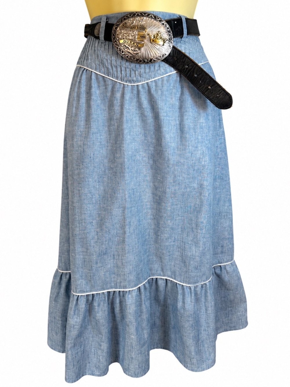 Vintage 70s 80s Tem Tex Western Prairie Skirt Chambray Blue Ruffle Maxi 28” W - Picture 3 of 14